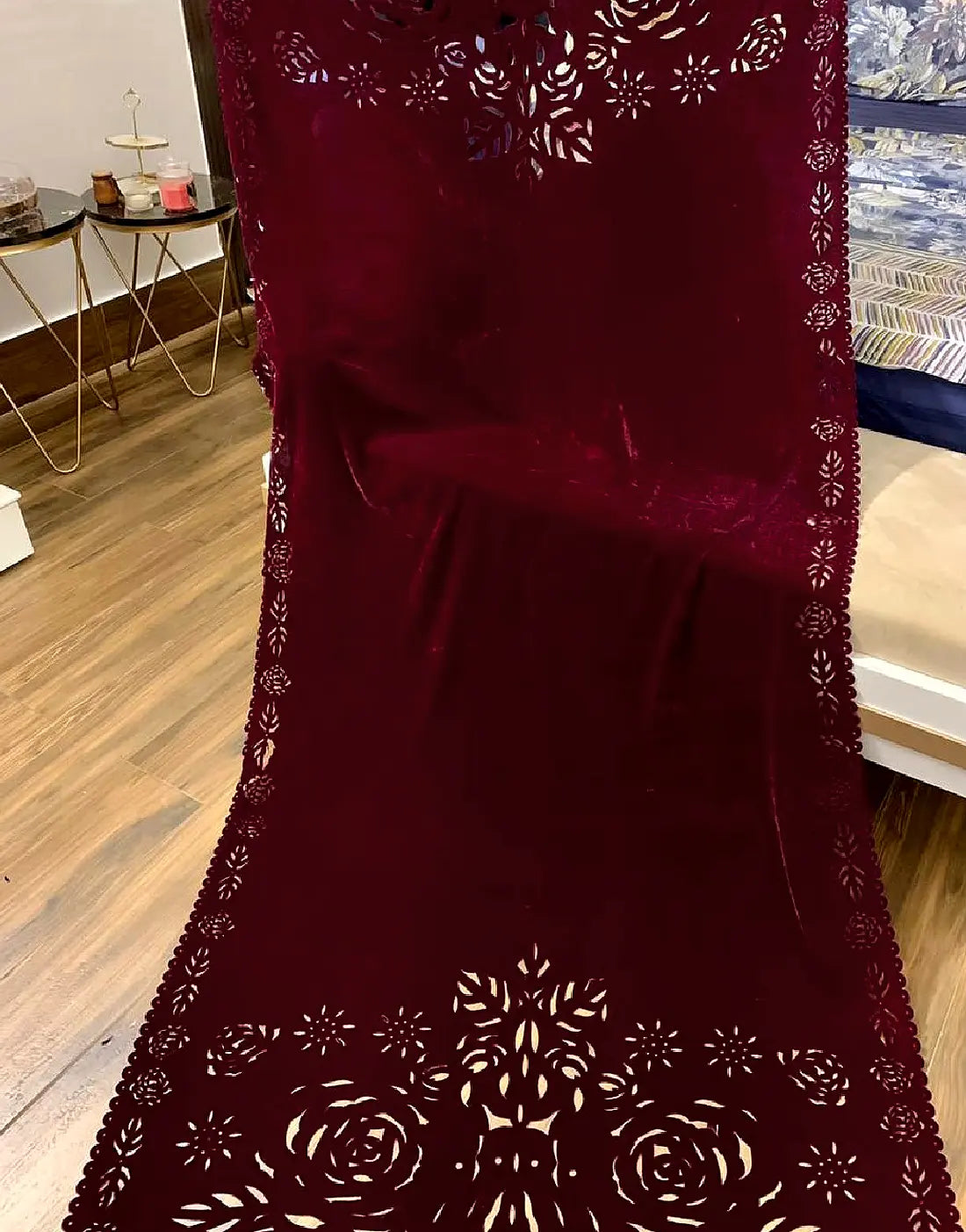 Laser Cutwork Maroon Velvet Shawl for Women