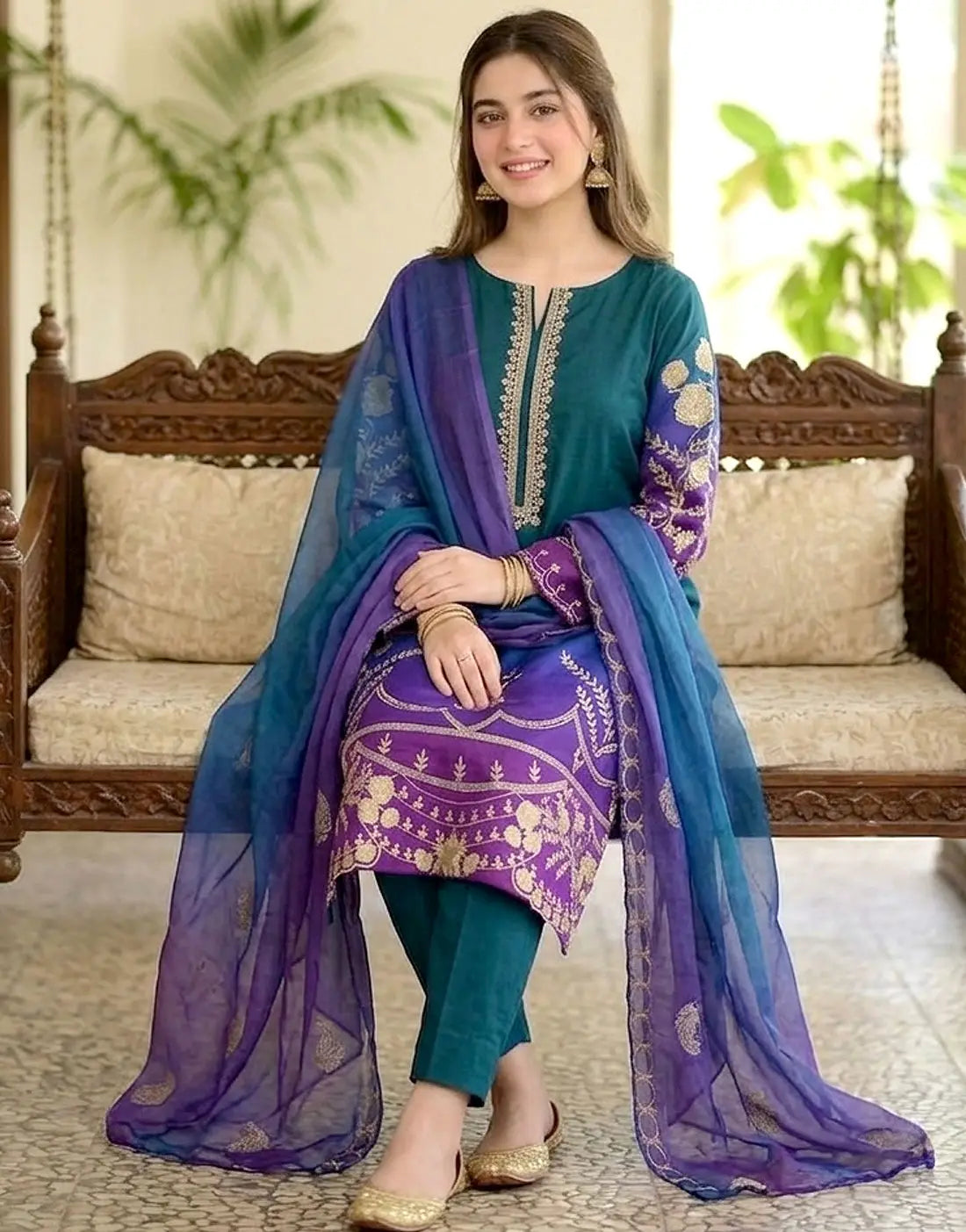 Trendy Ombre Style Embroidered Peacock Color Lawn Dress with Printed Silk Dupatta
