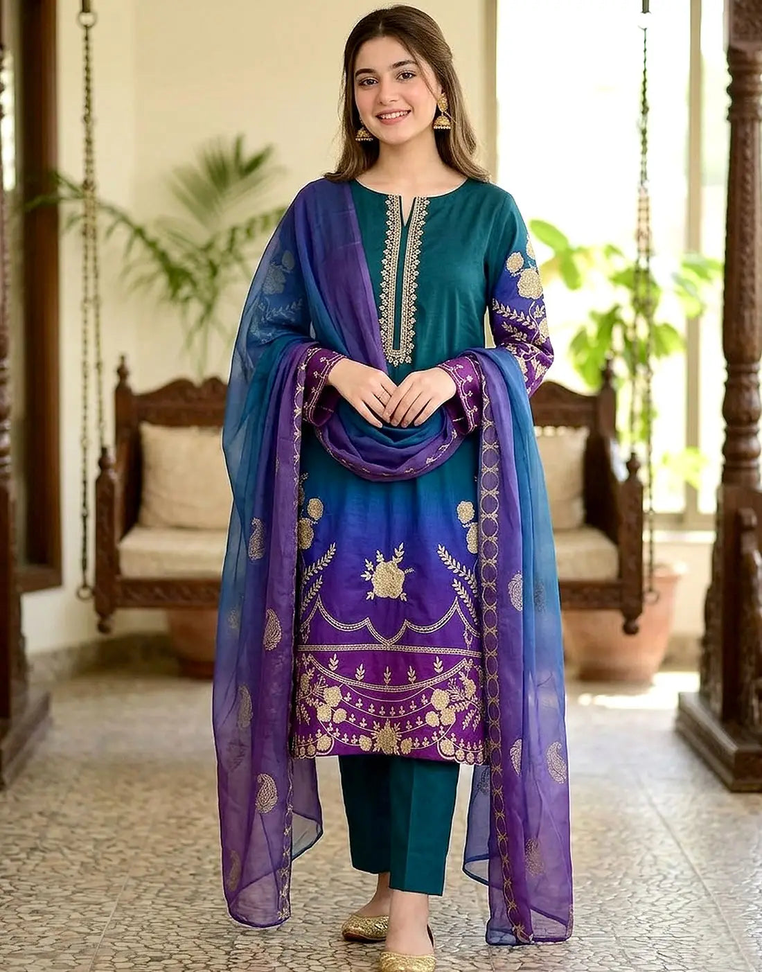 Trendy Ombre Style Embroidered Peacock Color Lawn Dress with Printed Silk Dupatta