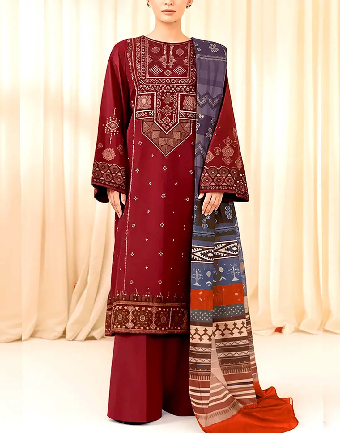 Elegant Embroidered Maroon Dhanak Dress for Women β Most Demanding Winter Style