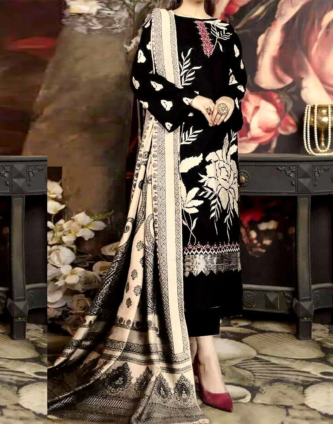 Premium Embroidered Black Dhanak Suit for Winter Festive Occasions