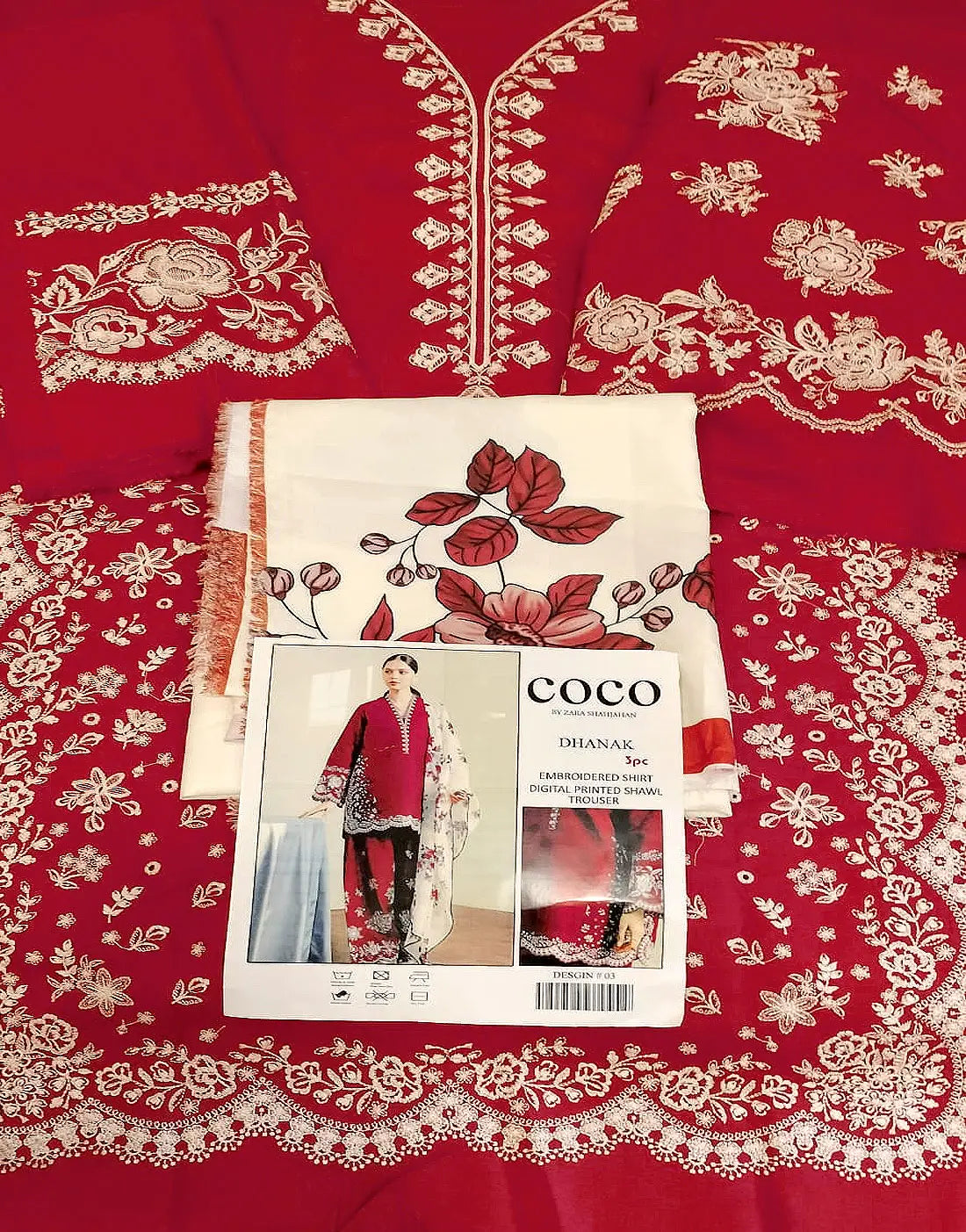 Most Demanding Embroidered Red Dhanak Dress with Embroidered Bottoms