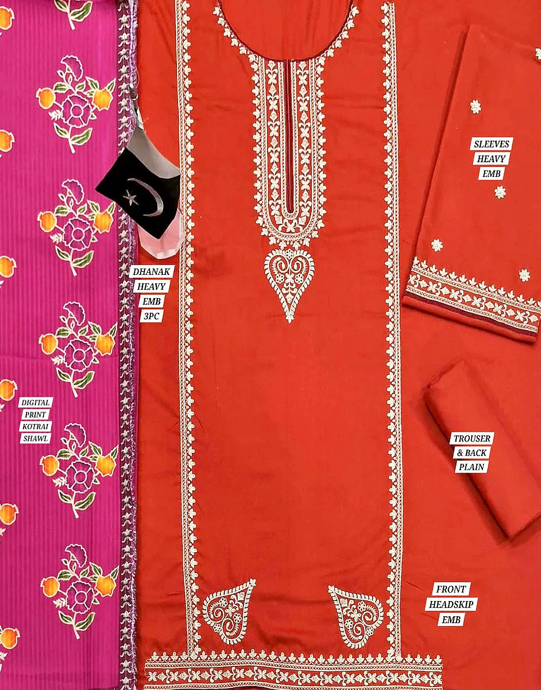 Elegant Embroidered Dhanak Winter Dress with Kotrai Shawl