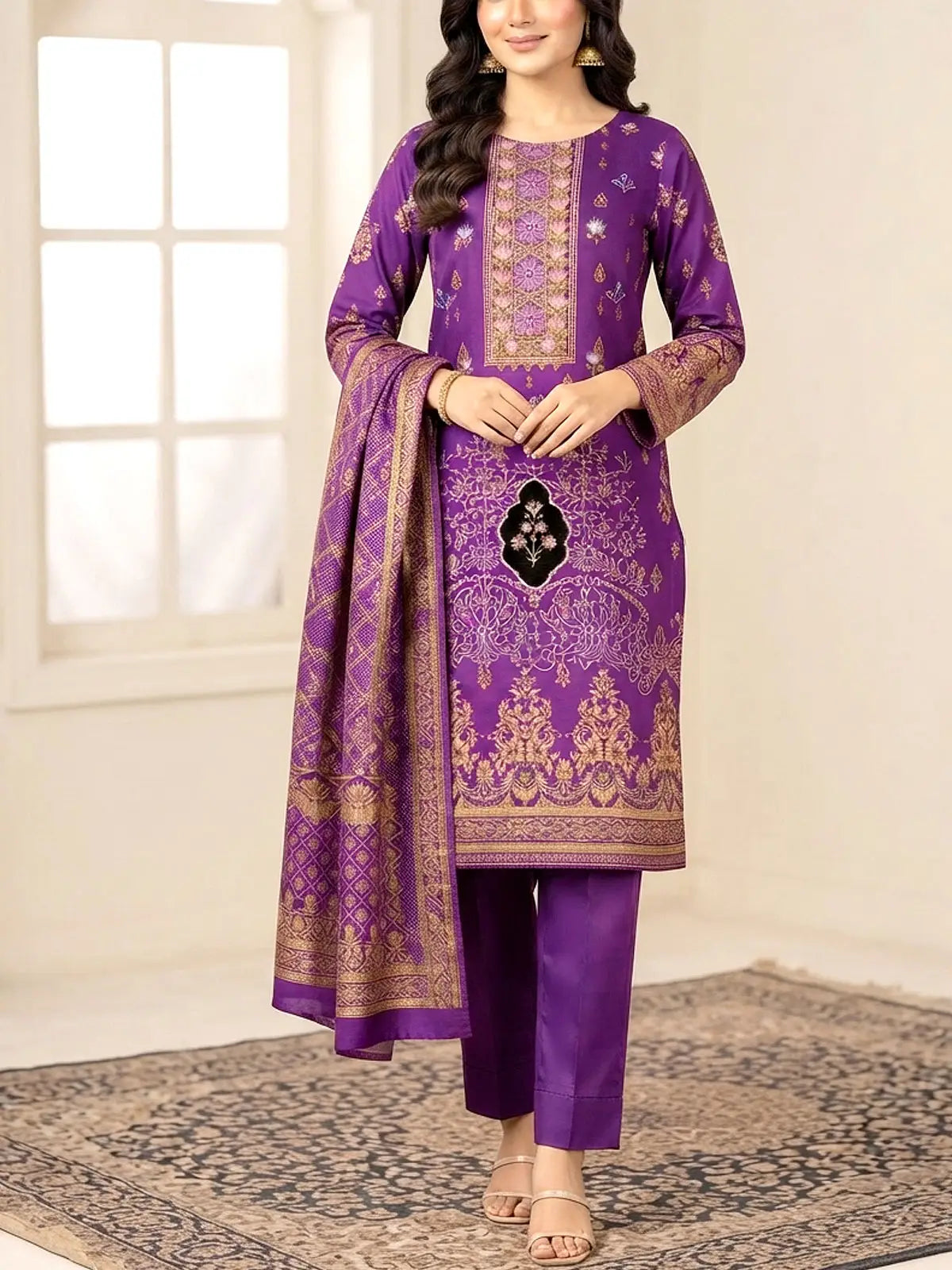 Elegant Embroidered Purple Dhanak Winter Dress 2026 with Dhanak Shawl