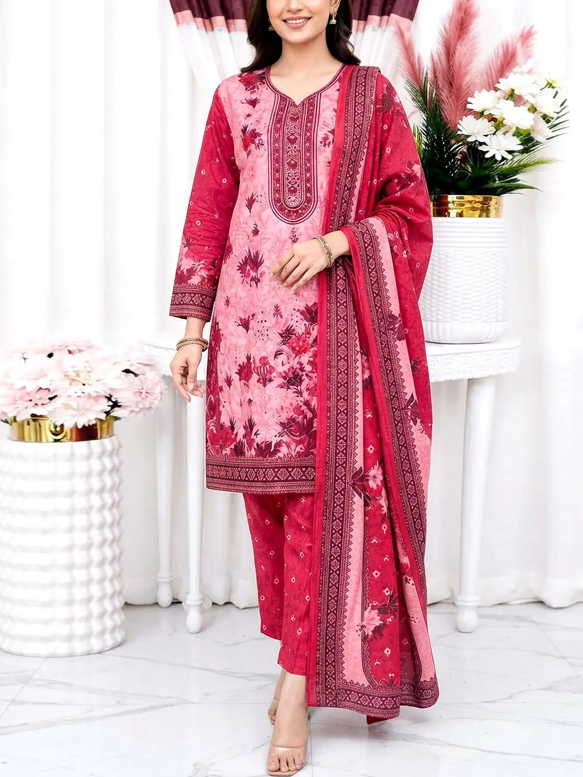Elegant Embroidered Pink Dhanak Winter Dress 2026 with Dhanak Shawl
