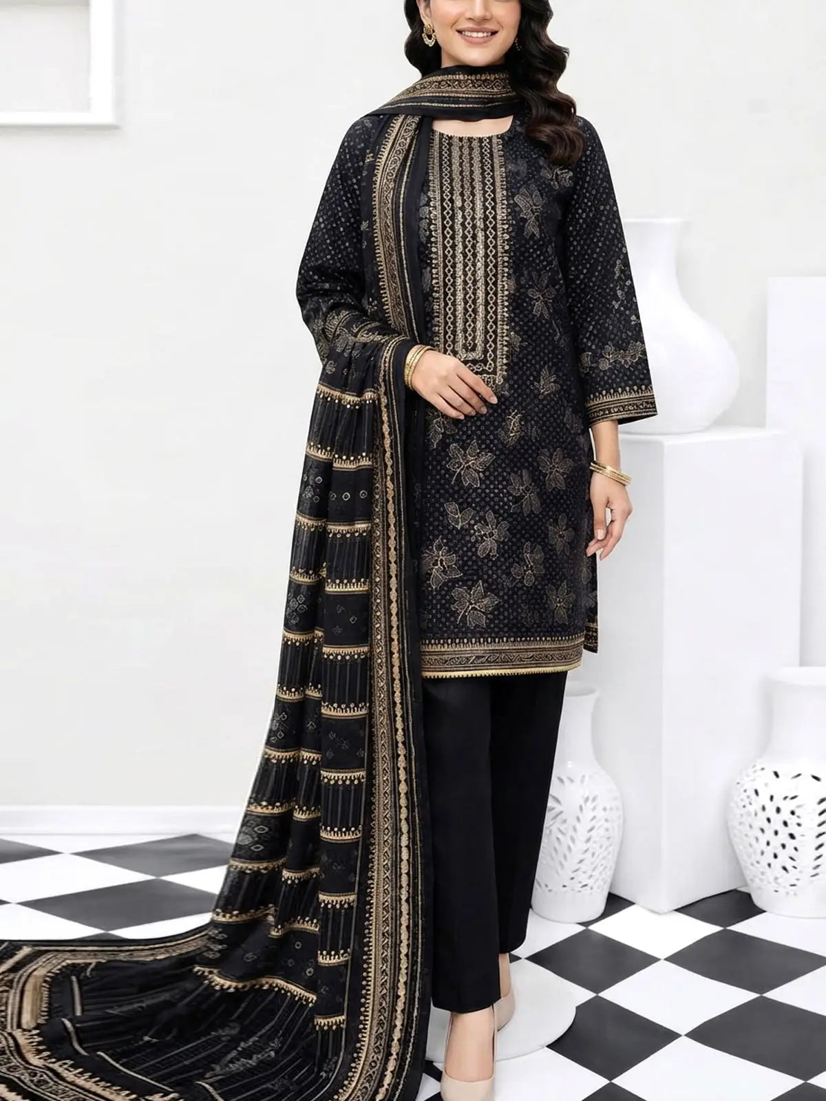 Elegant Embroidered Black Dhanak Winter Dress 2026 with Dhanak Shawl