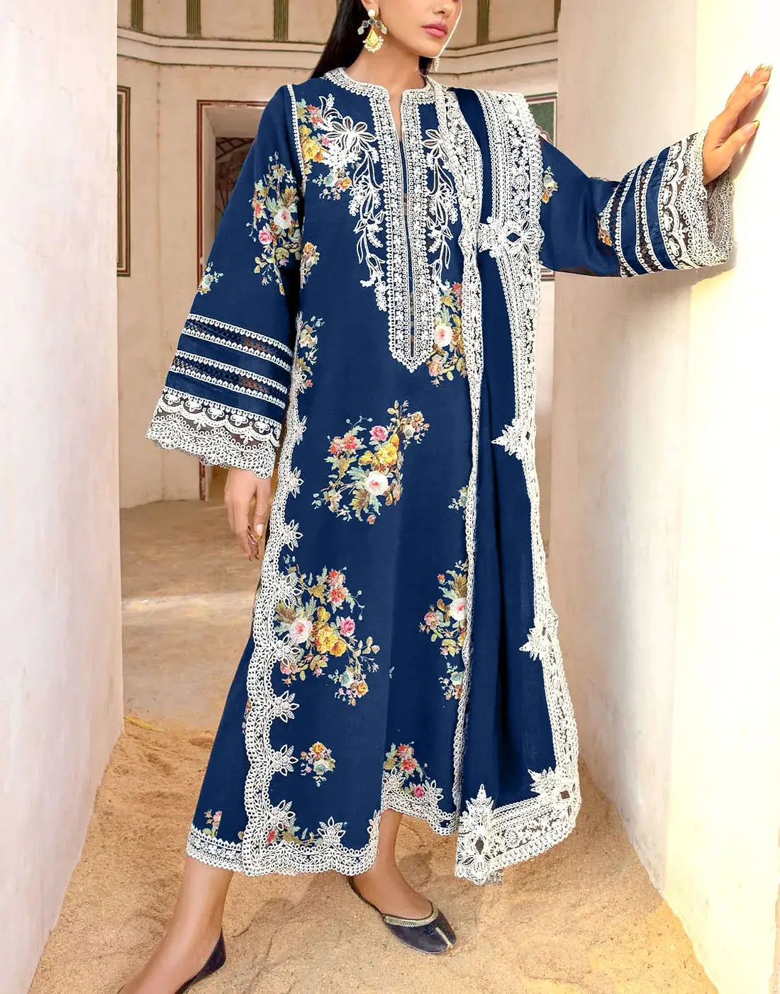 Stylish Embroidered Navy Blue Dhanak Dress – Elegant Winter Outfit for Women