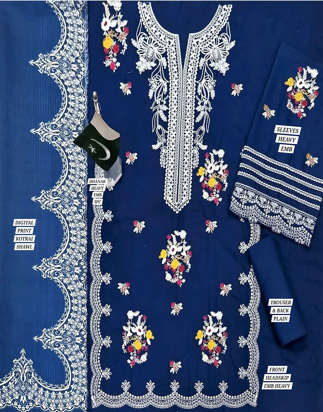 Stylish Embroidered Navy Blue Dhanak Dress – Elegant Winter Outfit for Women