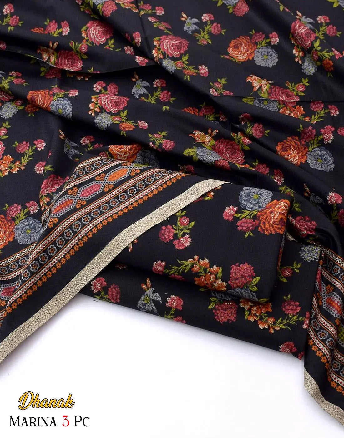 Aneela's Trending All-Over Print Black Dhanak Dress with Dhanak Shawl