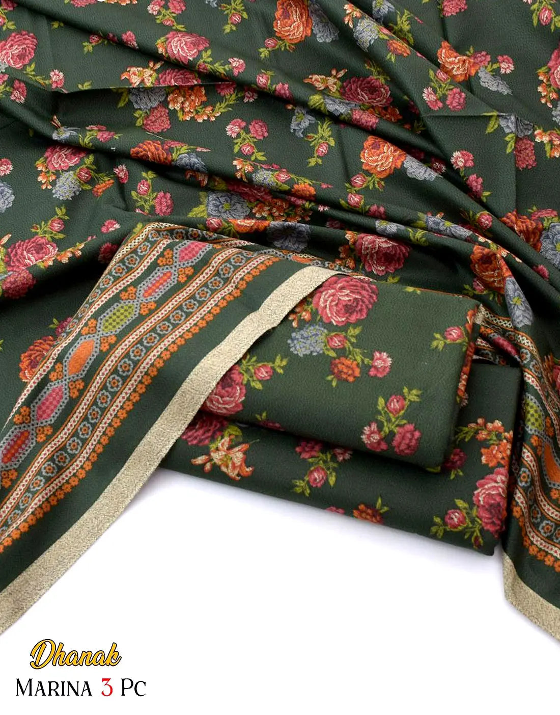 Aneela's Trending All-Over Print Green Dhanak Dress with Dhanak Shawl