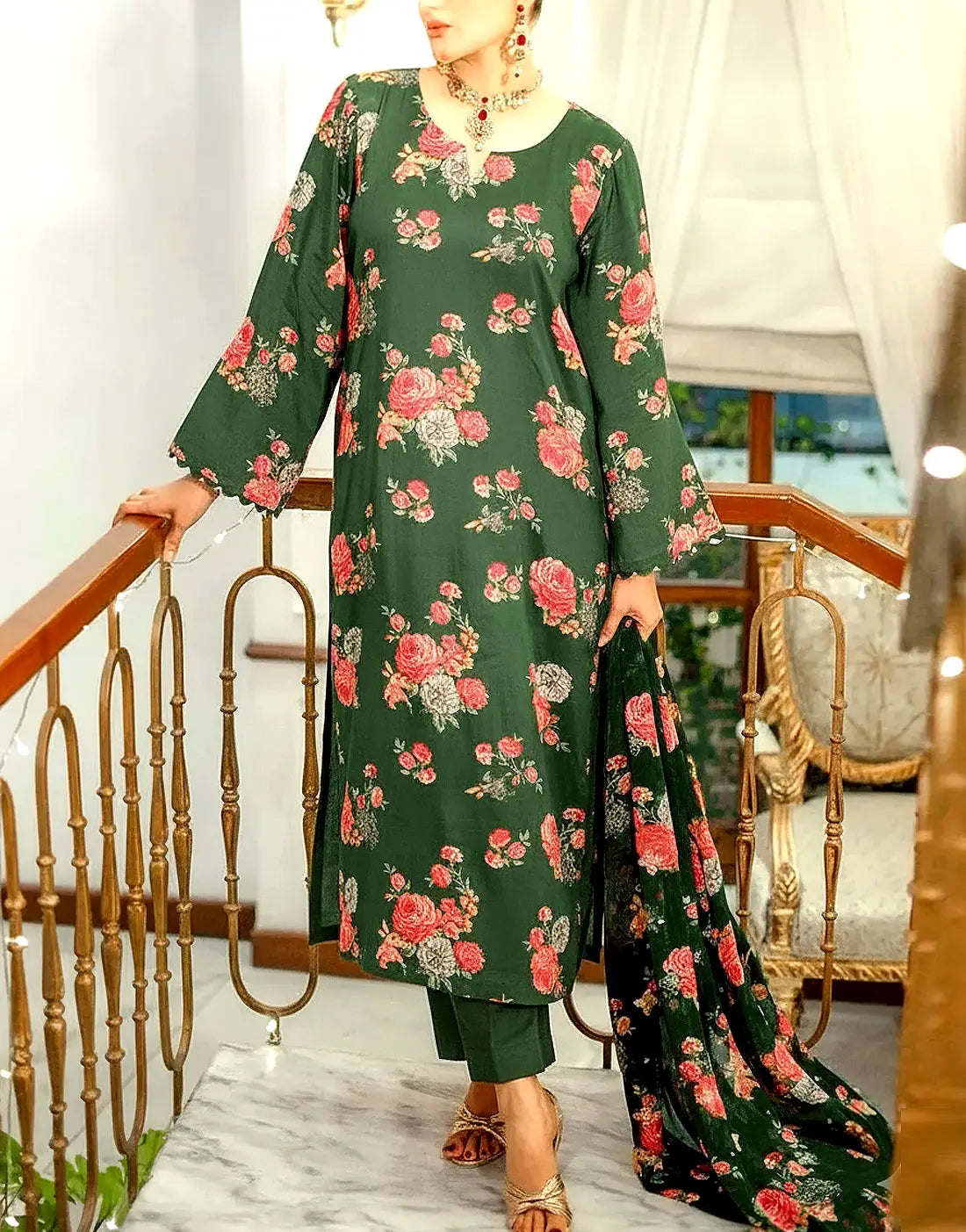 Aneela's Trending All-Over Print Green Dhanak Dress with Dhanak Shawl