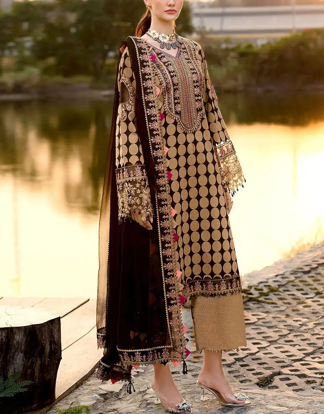 Digital Print Beige Dhanak Winter Dress with Dhanak Shawl