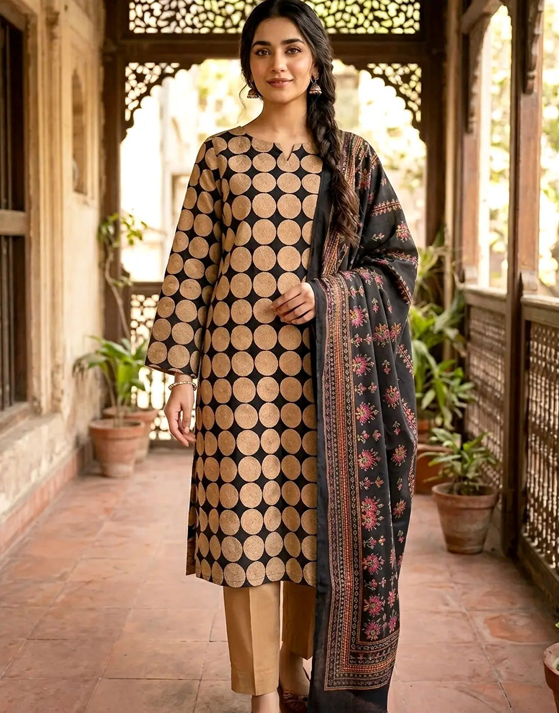 Digital Print Beige Dhanak Winter Dress with Dhanak Shawl