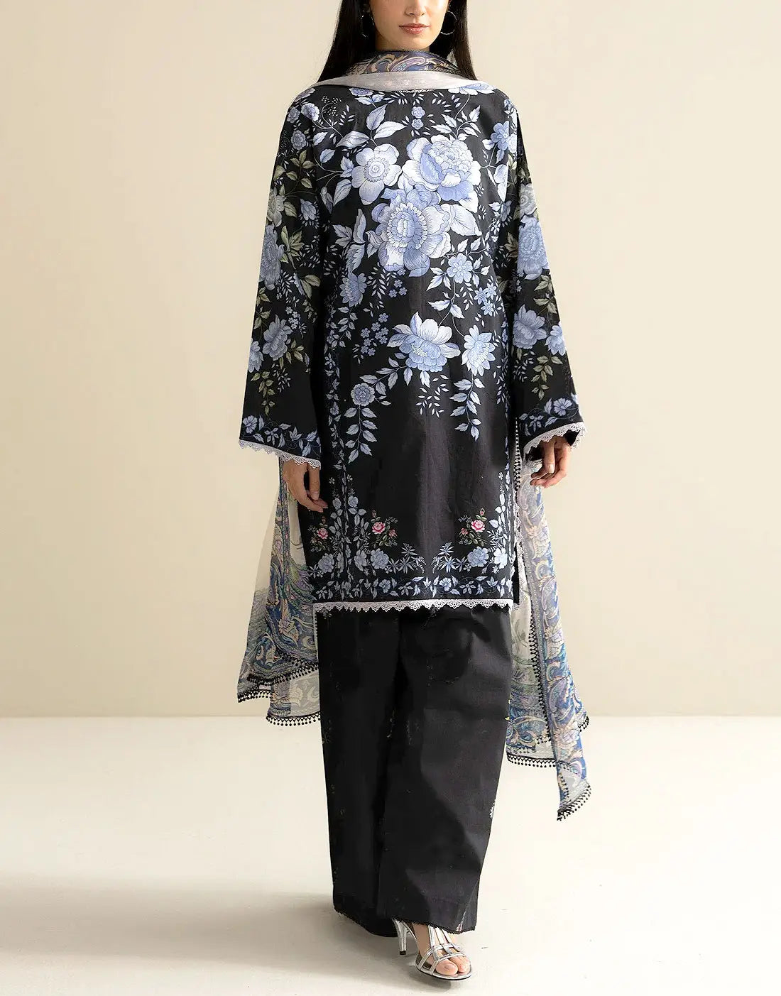 Trendy Digital Print Black Lawn Suit with Lawn Dupatta