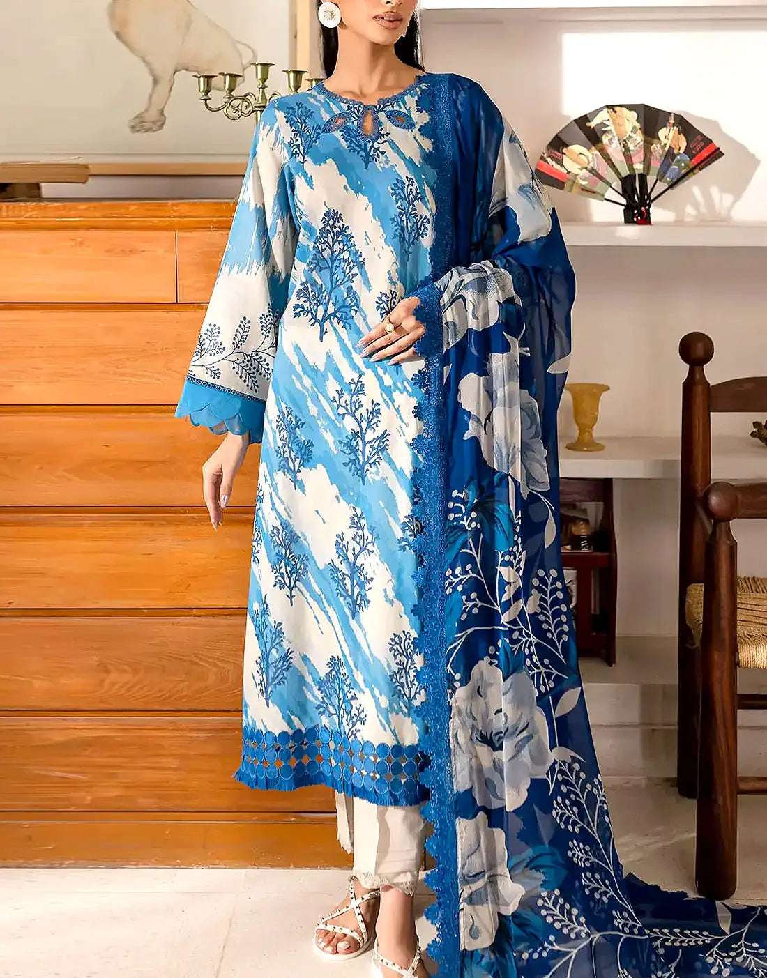 Trendy Digital Print Ivory Blue Lawn Suit with Lawn Dupatta