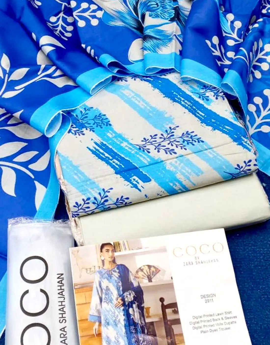 Trendy Digital Print Ivory Blue Lawn Suit with Lawn Dupatta