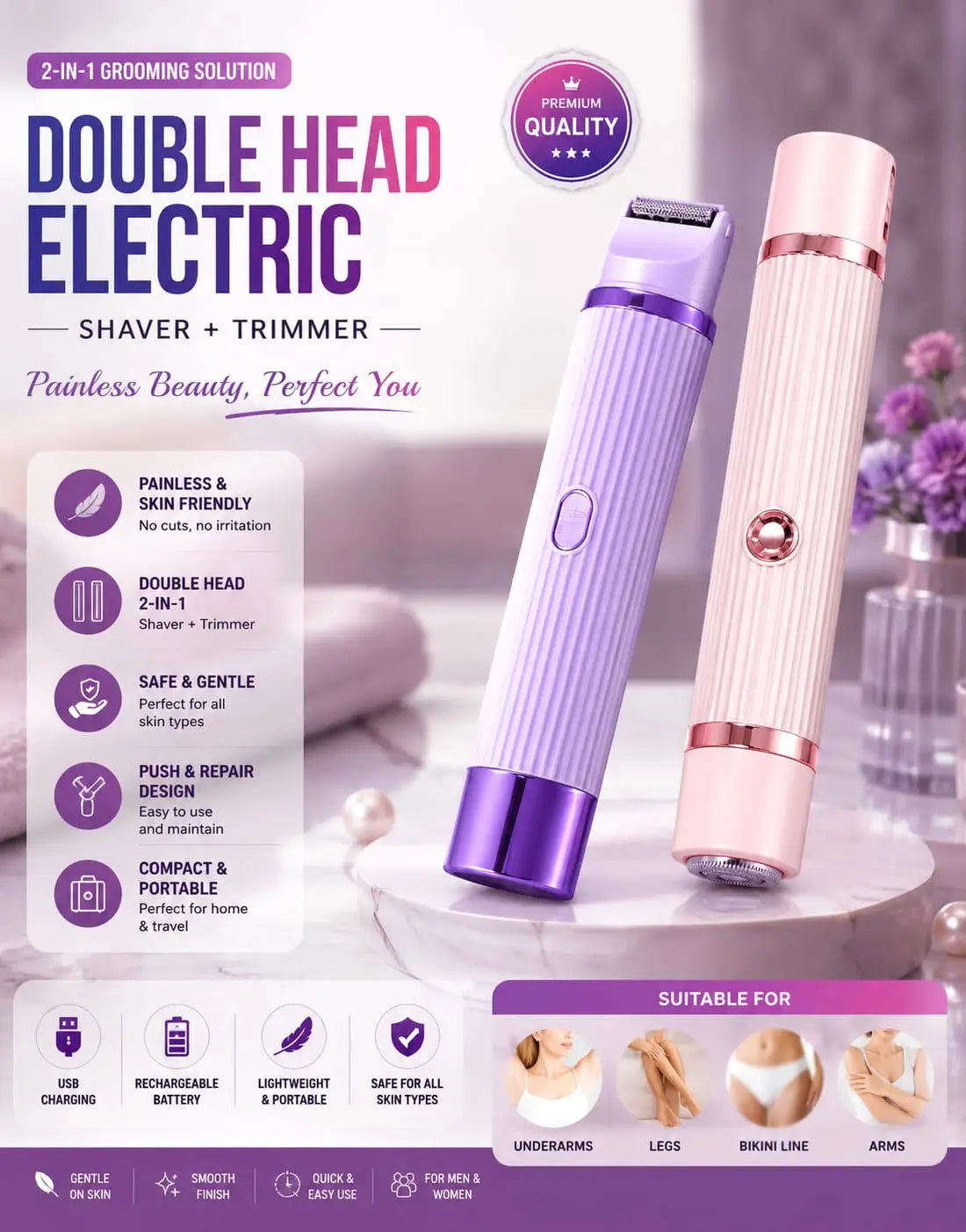 BLAWLESS 2-in-1 Electric Shaver & Trimmer – USB Rechargeable Double Head Hair Remover for Women
