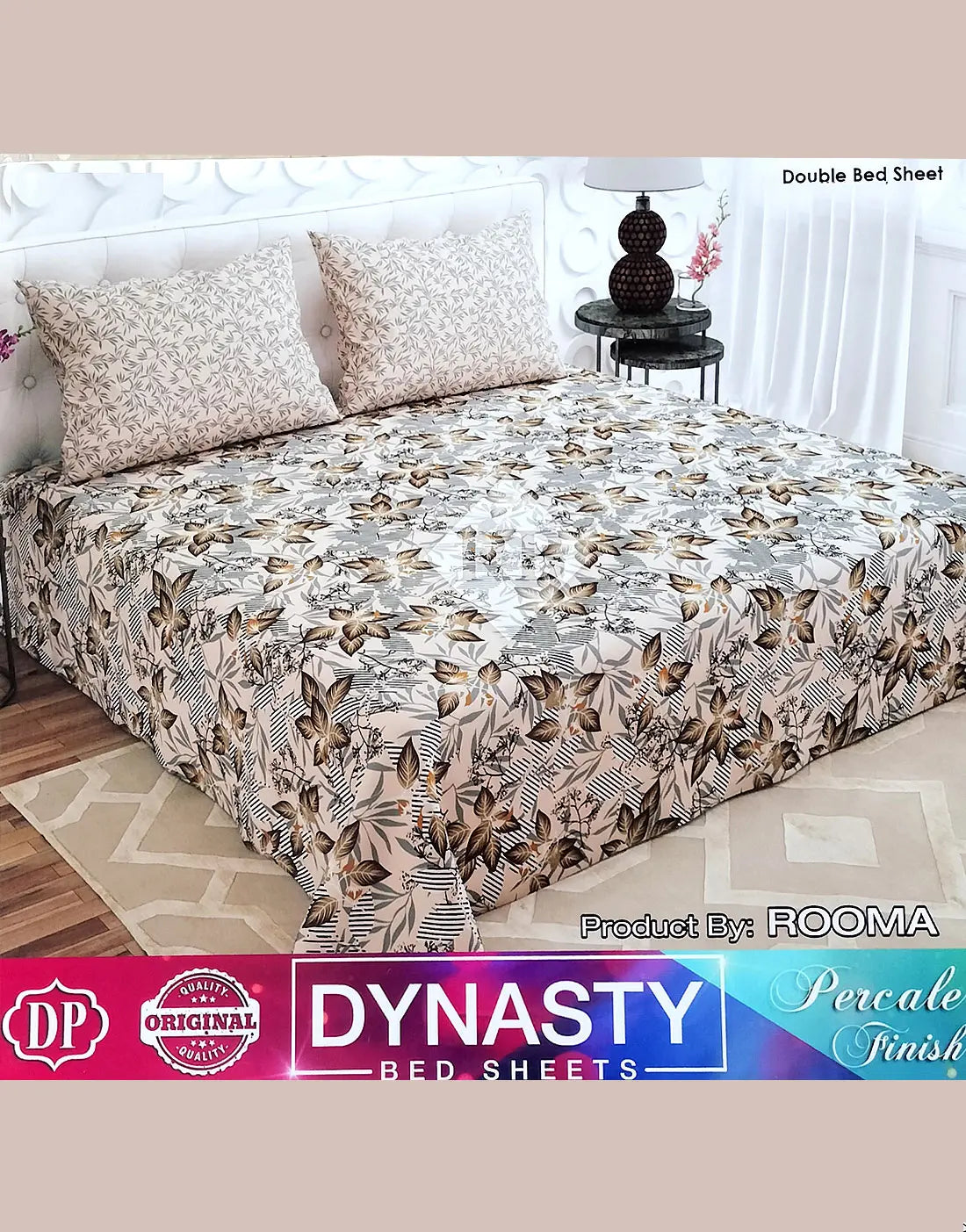 Dynasty 3-Piece Premium Cotton Beige Floral King Size Bedsheet with Pillow Covers