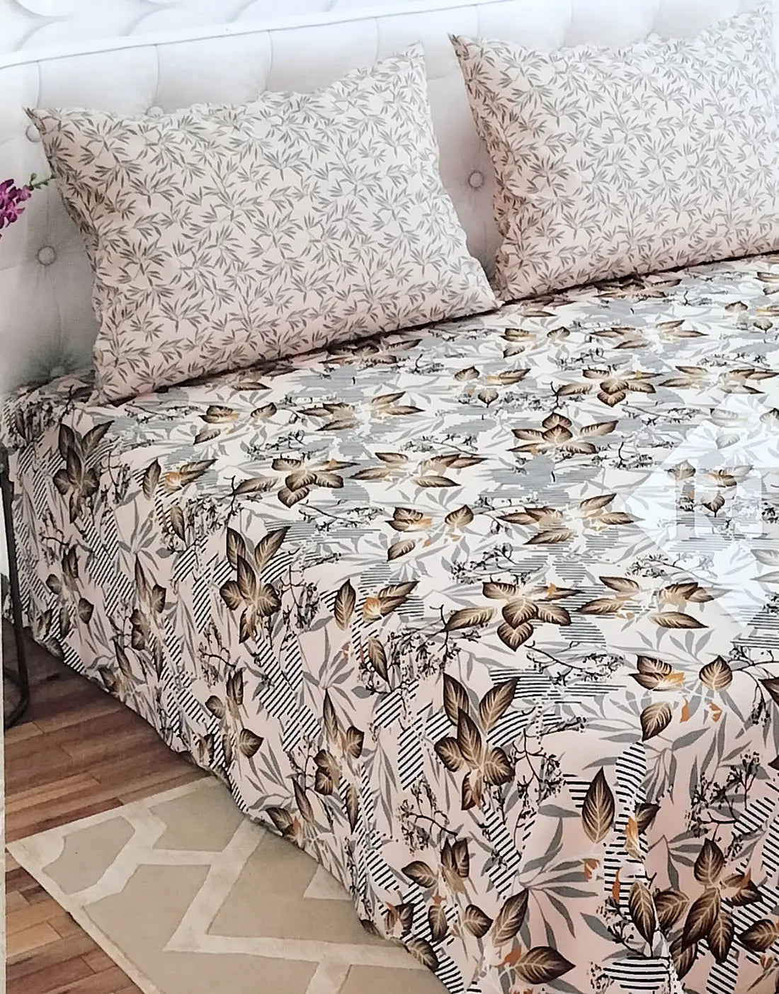 Dynasty 3-Piece Premium Cotton Beige Floral King Size Bedsheet with Pillow Covers