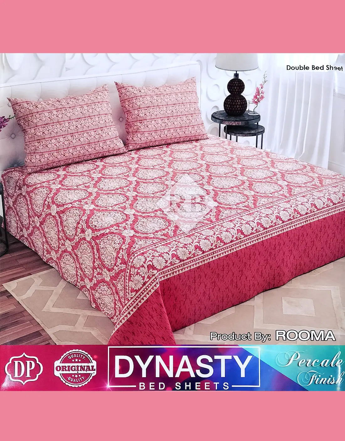 Dynasty 3-Piece Premium Cotton Pink King Size Bedsheet with Pillow Covers