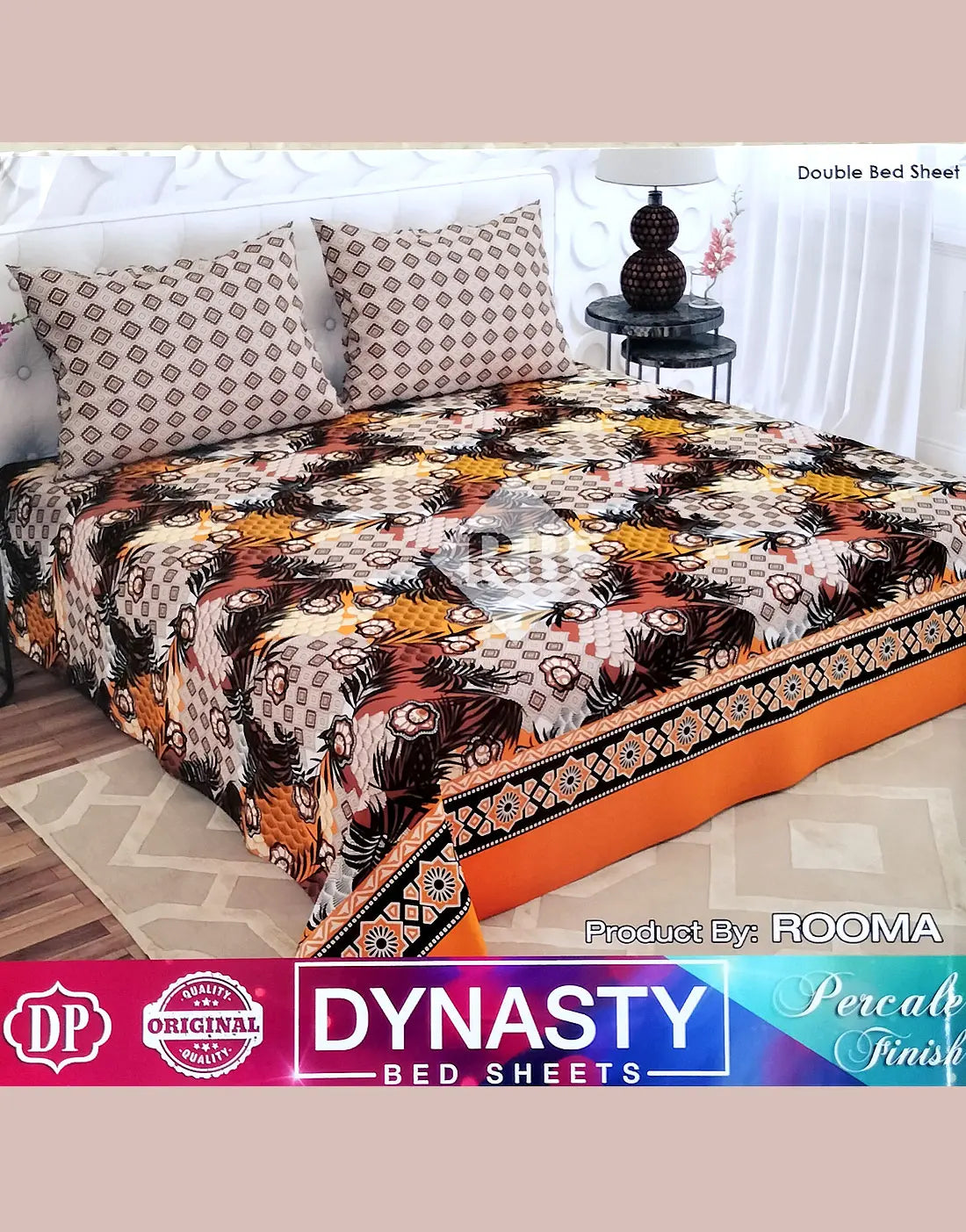 Dynasty 3-Piece Premium Cotton Orange King Size Bedsheet with Pillow Covers