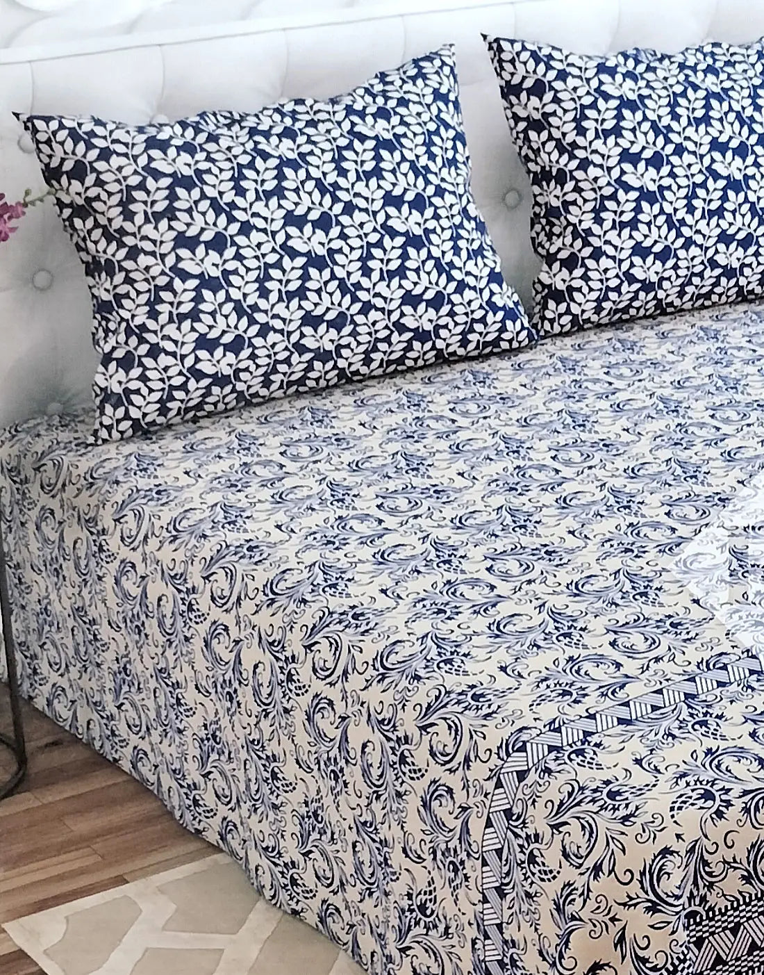 Dynasty 3-Piece Premium Cotton Blue Floral King Size Bedsheet with Pillow Covers