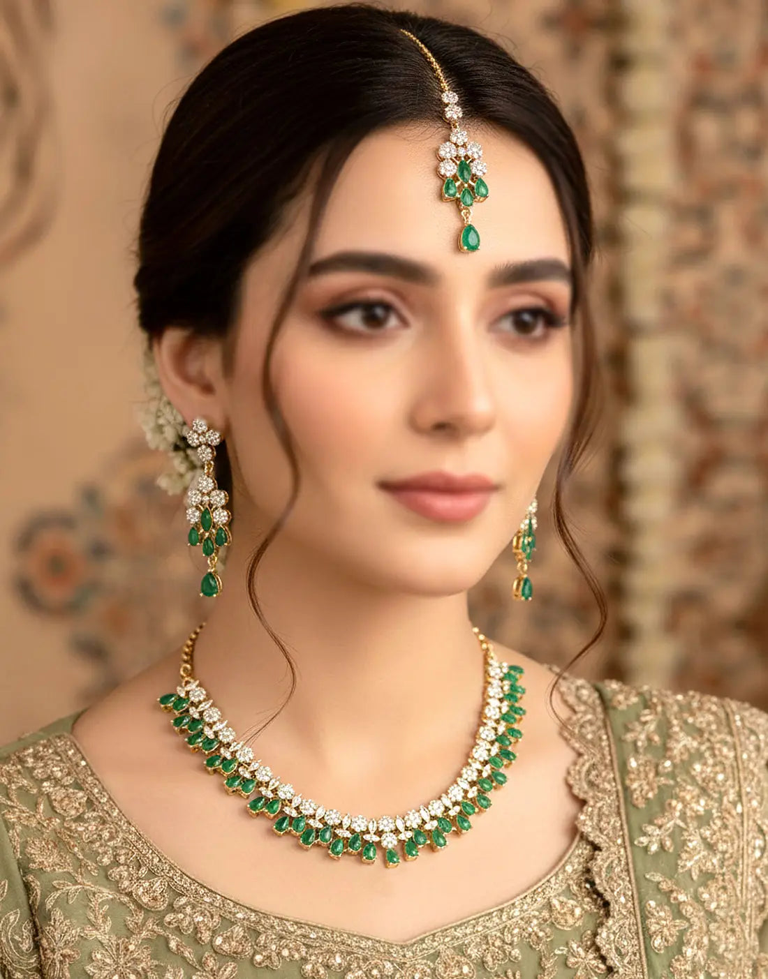 Adorable Zircon Studded Bridal Jewellery Set with Earrings & Tikka