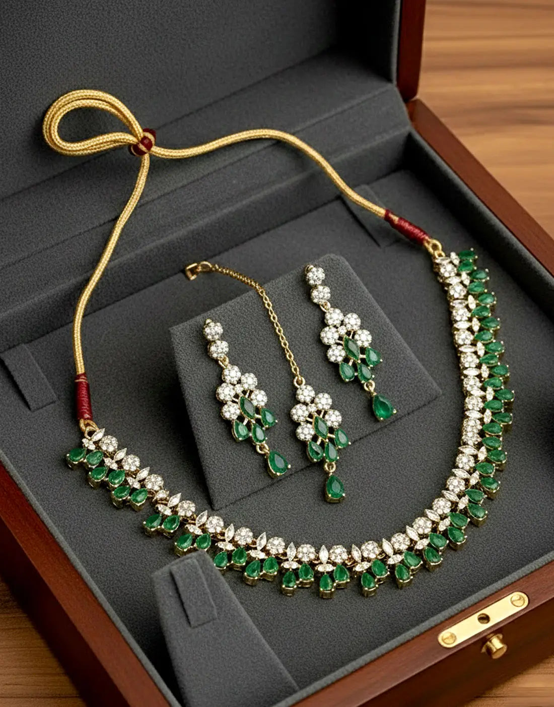Adorable Zircon Studded Bridal Jewellery Set with Earrings & Tikka