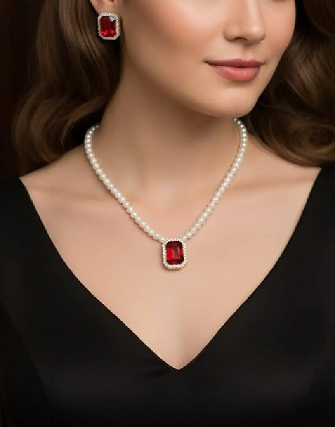 Elegant Red Pearl Beaded Necklace Set with Matching Earrings