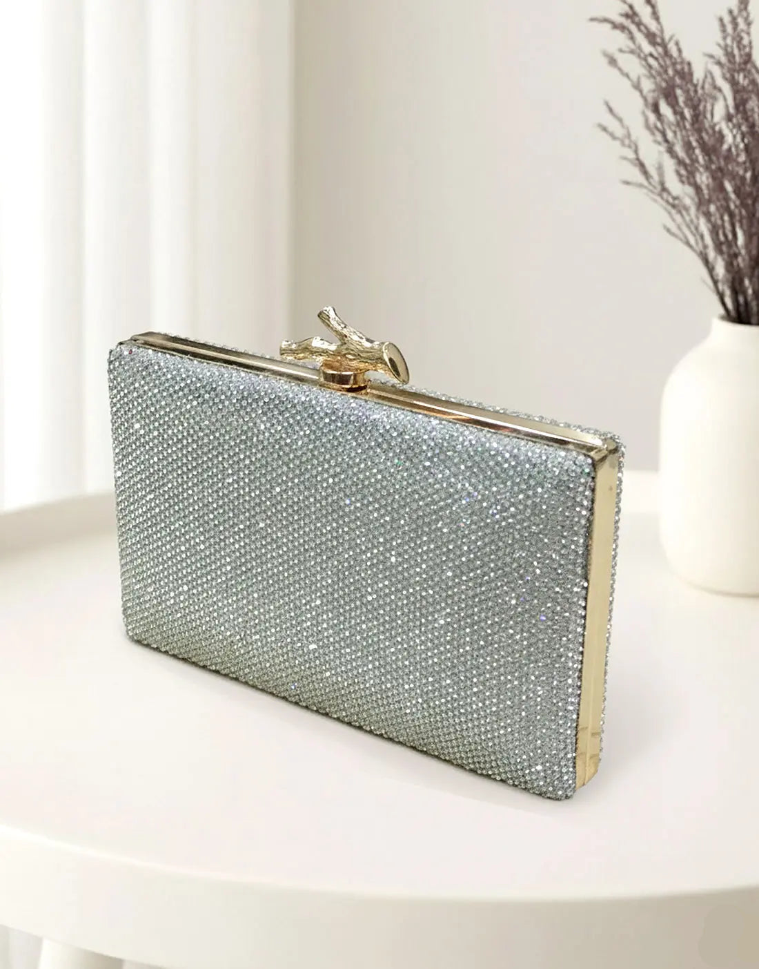 Rectangular Silver Diamante Clutch Purse – Perfect for Brides & Party Wear
