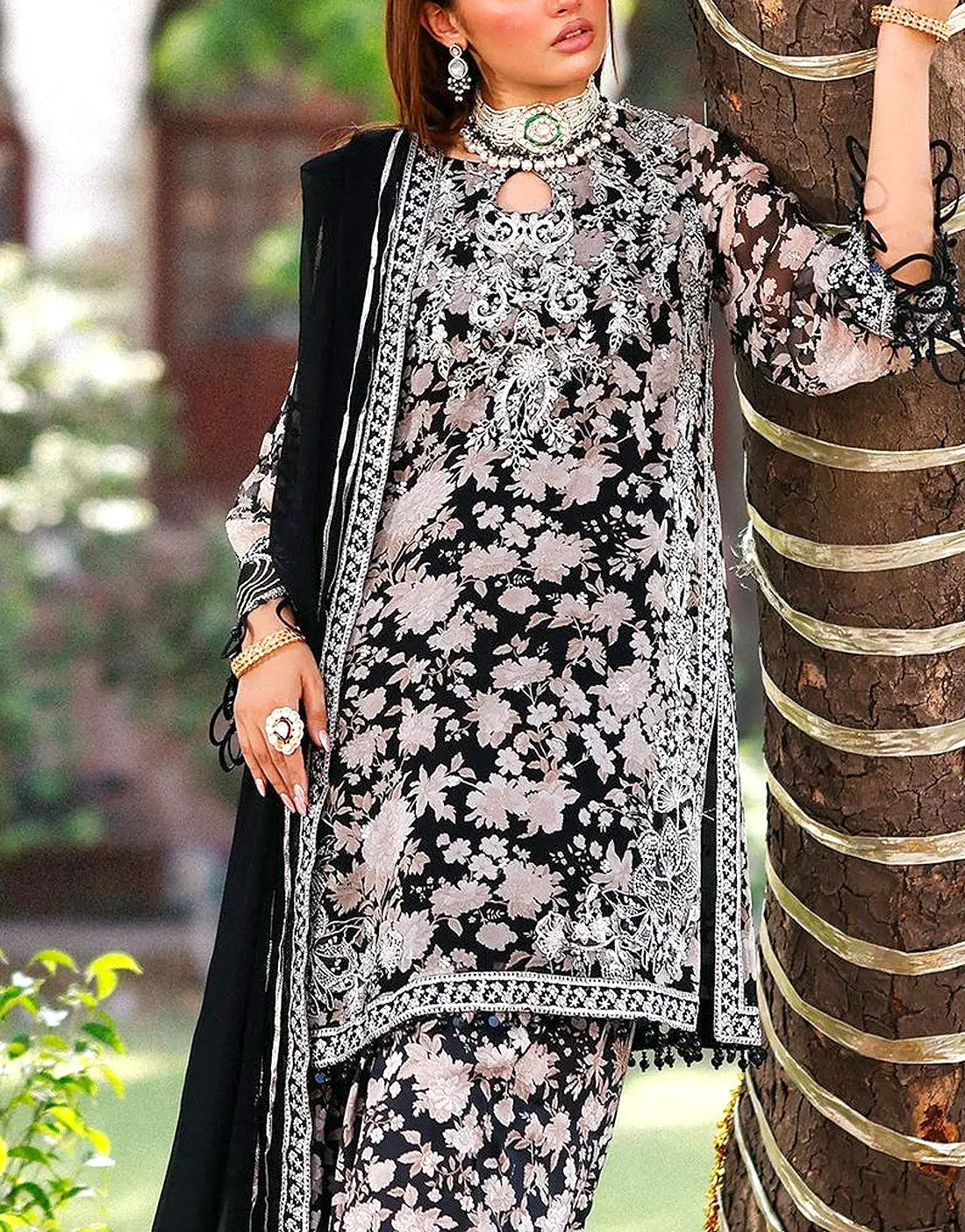 Fancy All-Over Flower Print Embroidered Chiffon Party Dress with Lawn Trouser