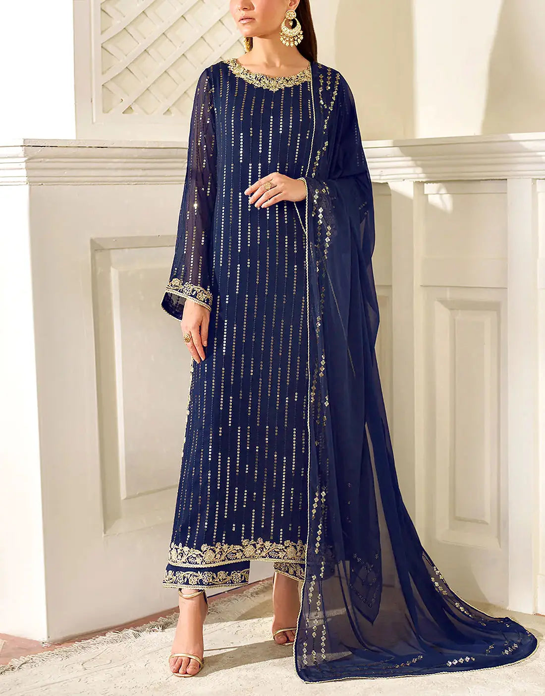 Glamorous Embroidered Navy Blue Chiffon Wedding Wear Dress – Best Price  Online in Pakistan