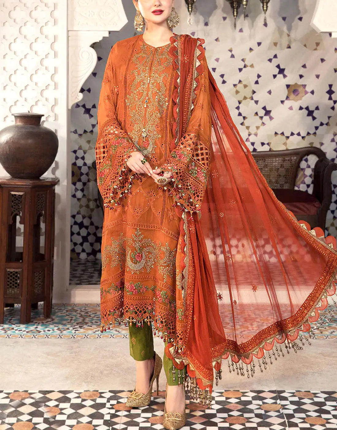 Heavy Embroidered Orange Chiffon Wedding Dress with Inner