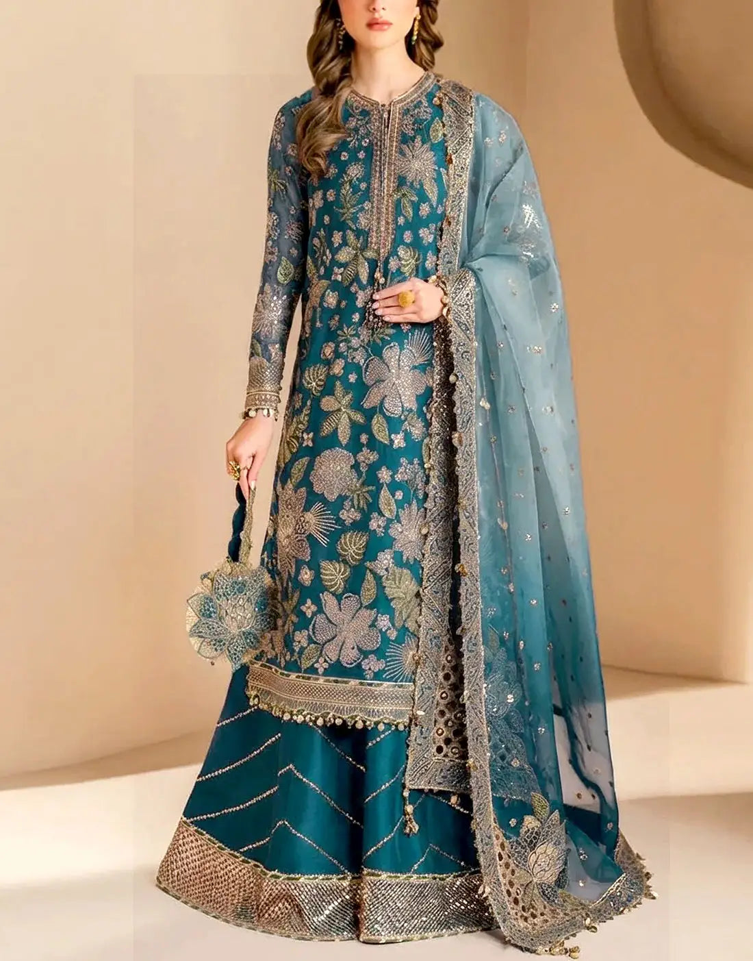 Glamours Heavy Embroidered Chiffon Party Wear Dress with Emb. Silk Trouser