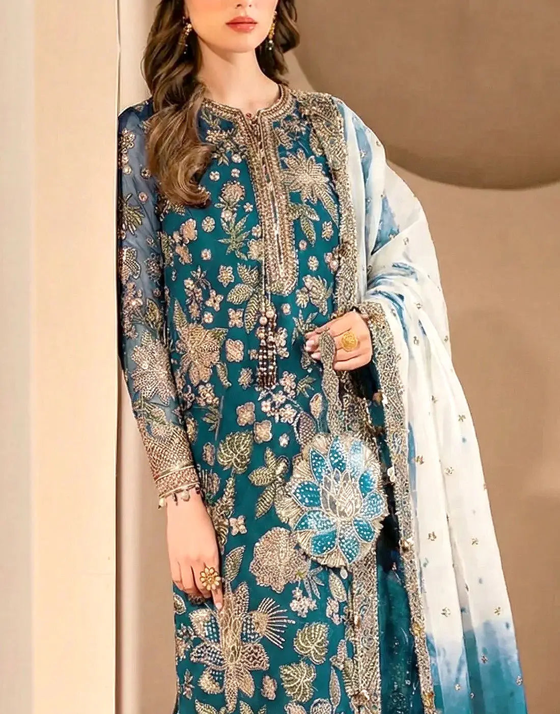 Glamours Heavy Embroidered Chiffon Party Wear Dress with Emb. Silk Trouser