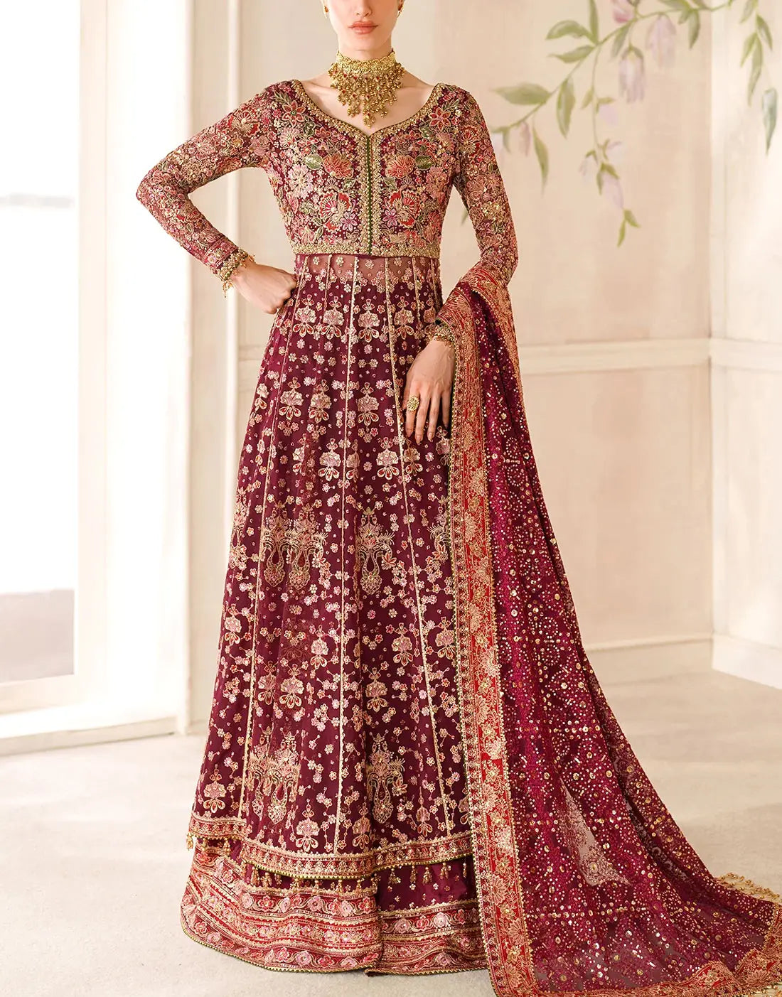 Luxurious Heavy Embroidered Chiffon Maxi Dress - Perfect for Wedding Functions