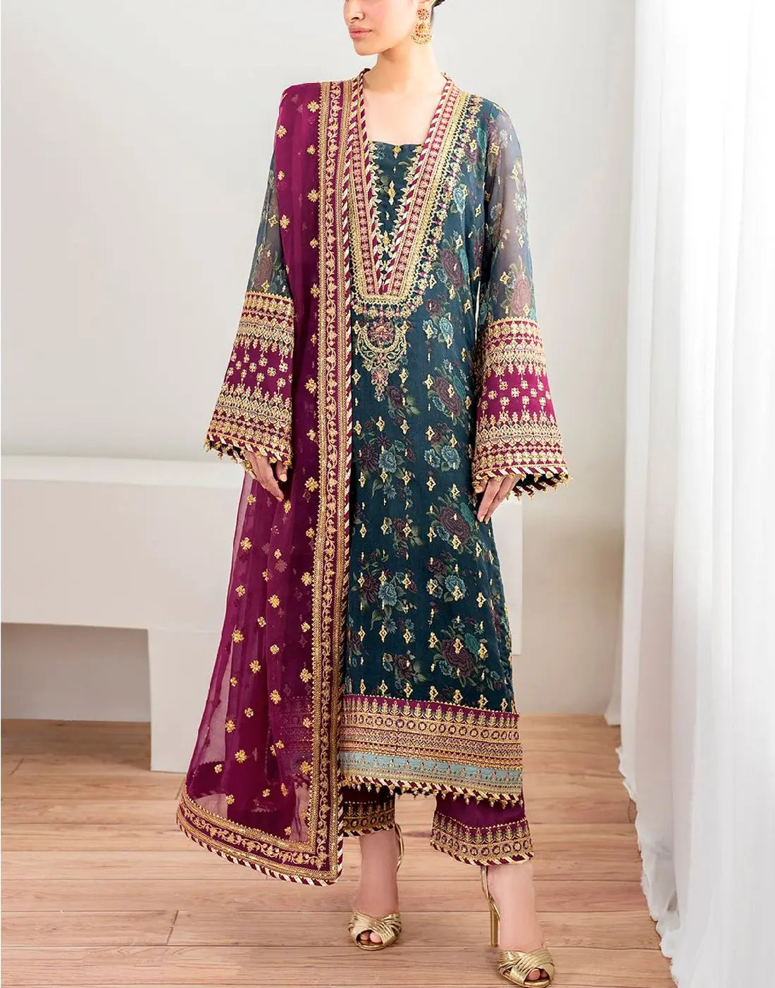 Heavy Embroidered with Handwork Bottle Green Chiffon Wedding Dress