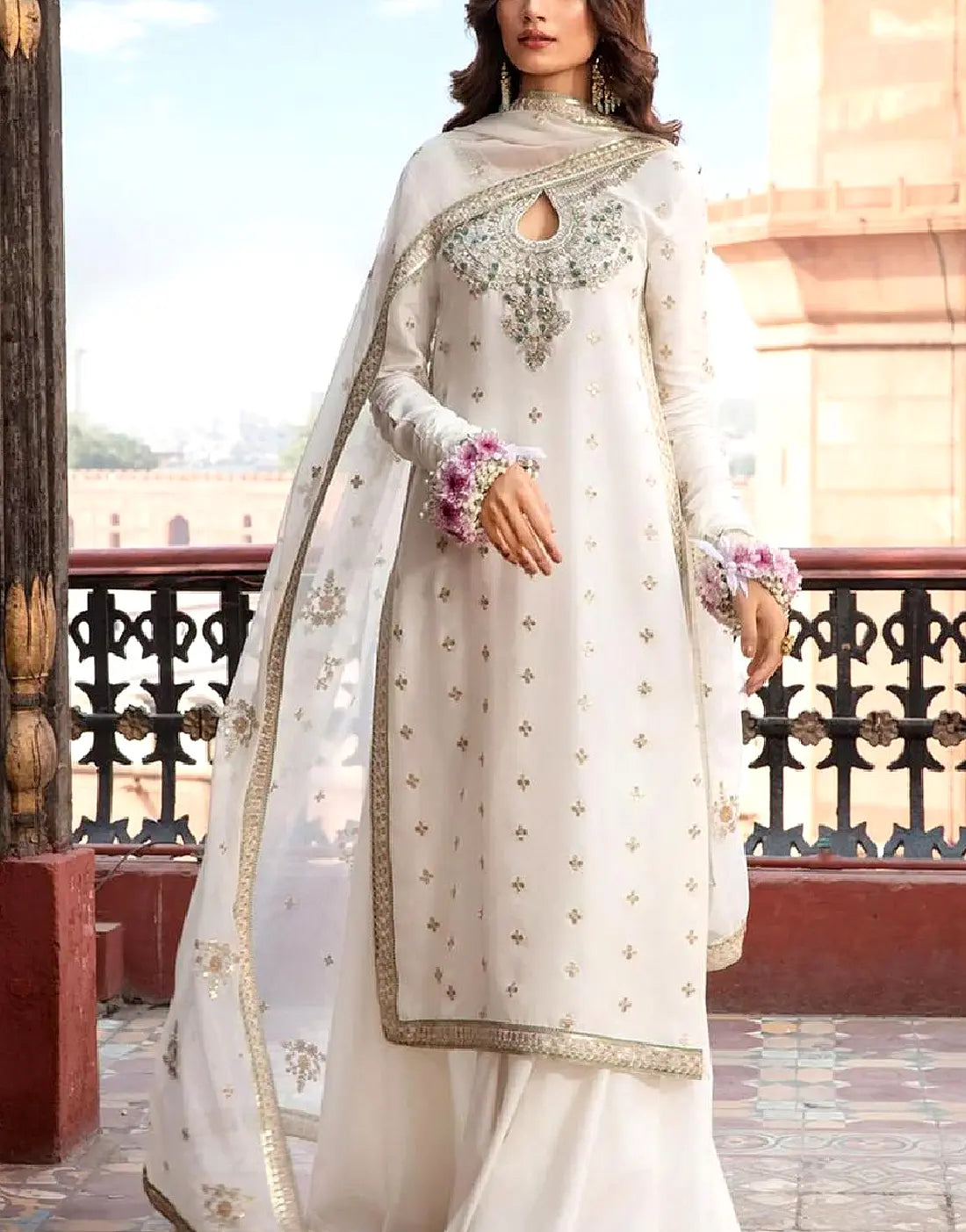Graceful Embroidered White Chiffon Dress for Nikkah & Engagement