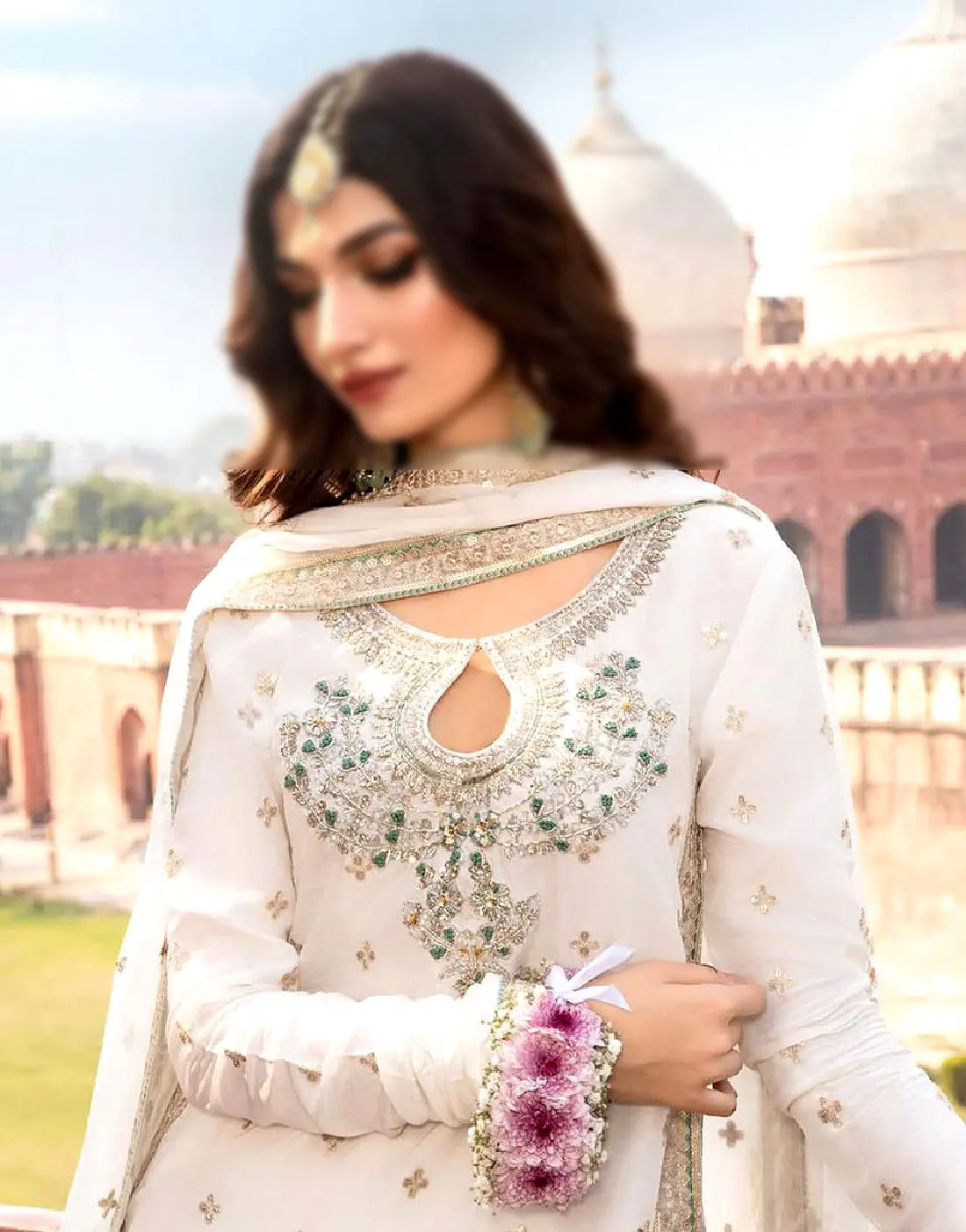 Graceful Embroidered White Chiffon Dress for Nikkah & Engagement