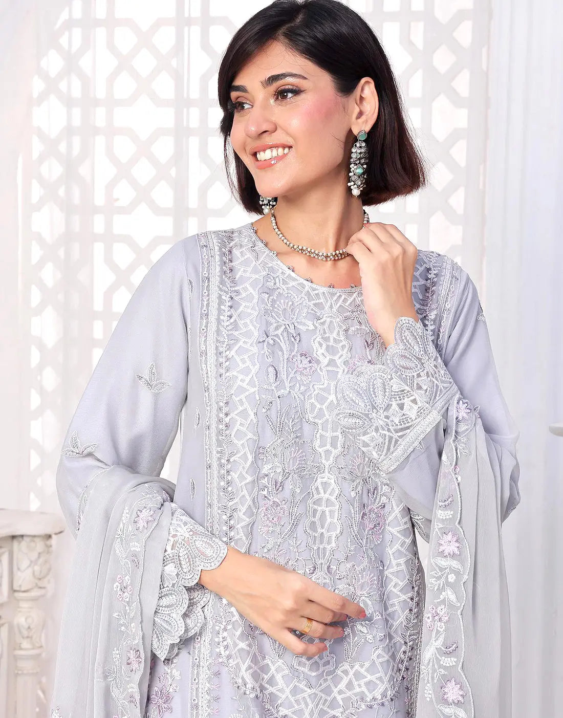 Naina Semi-Stitched Silver Grey Embroidered Chiffon Dress for Weddings and Parties