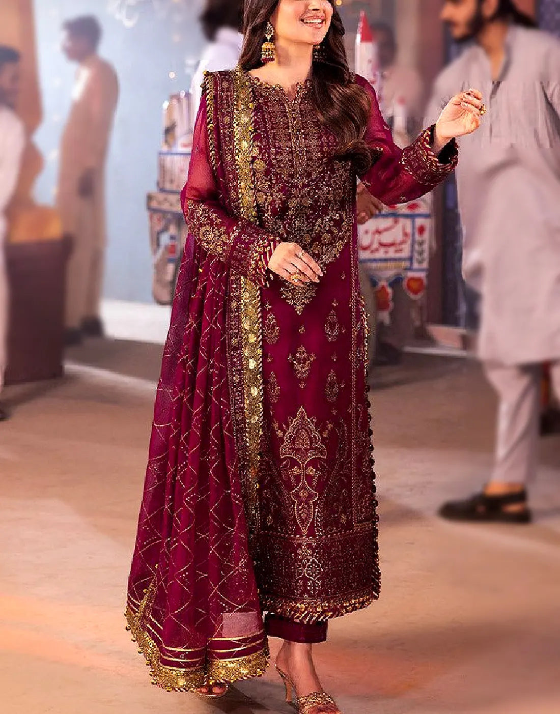 Glittering Heavy Embroidered Burgundy Chiffon Dress for Wedding Events
