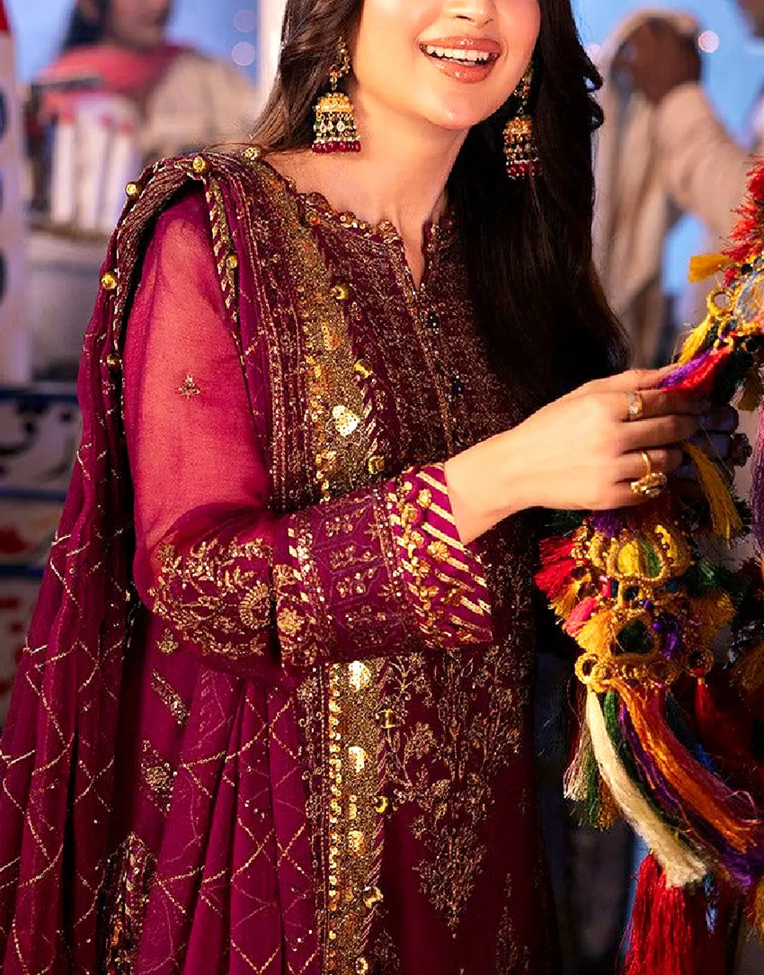 Glittering Heavy Embroidered Burgundy Chiffon Dress for Wedding Events