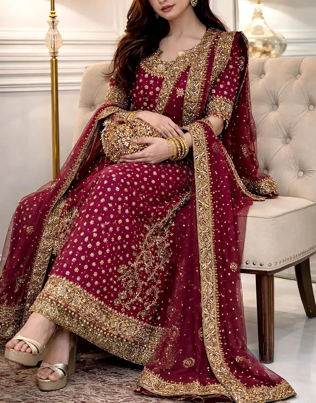 Luxurious Adda-Work Heavy Embroidered Chiffon Bridal Dress with Matching Pouch