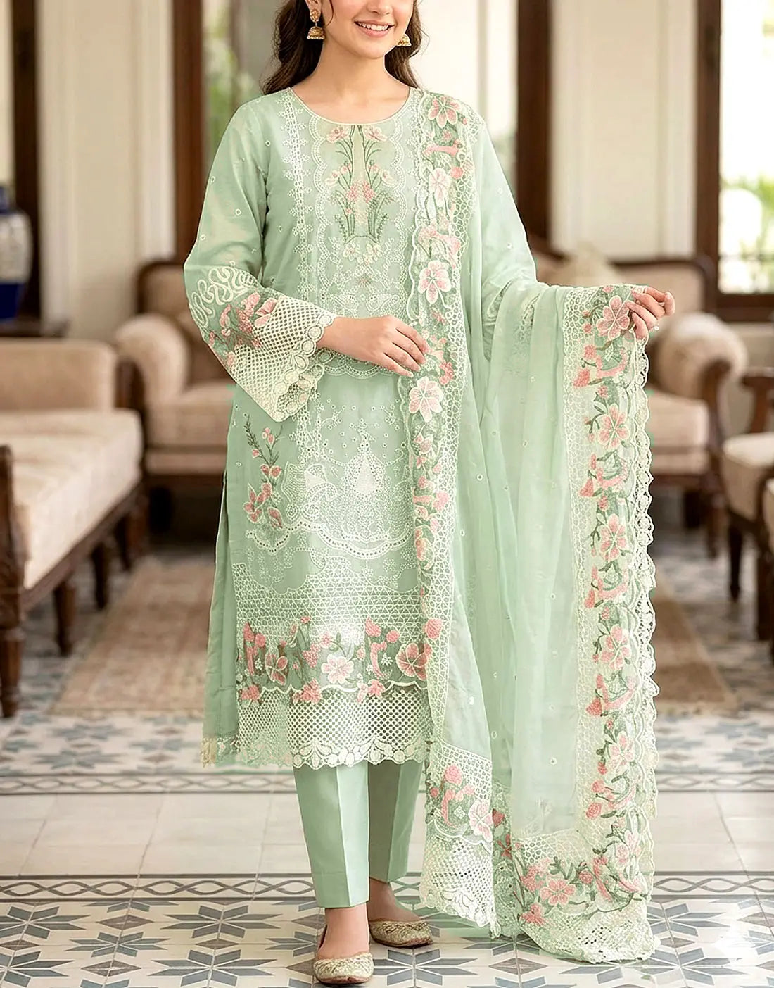 Heavy Schiffli Embroidered Cotton Party Dress with Emb. Chiffon Dupatta