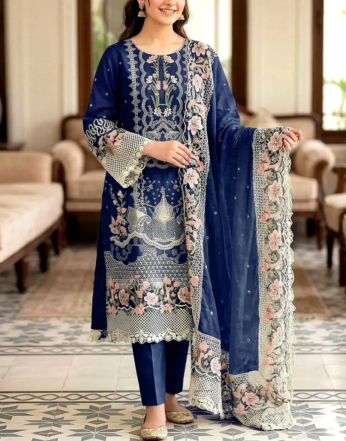 Heavy Schiffli Embroidered Navy Blue Cotton Party Dress with Emb. Chiffon Dupatta