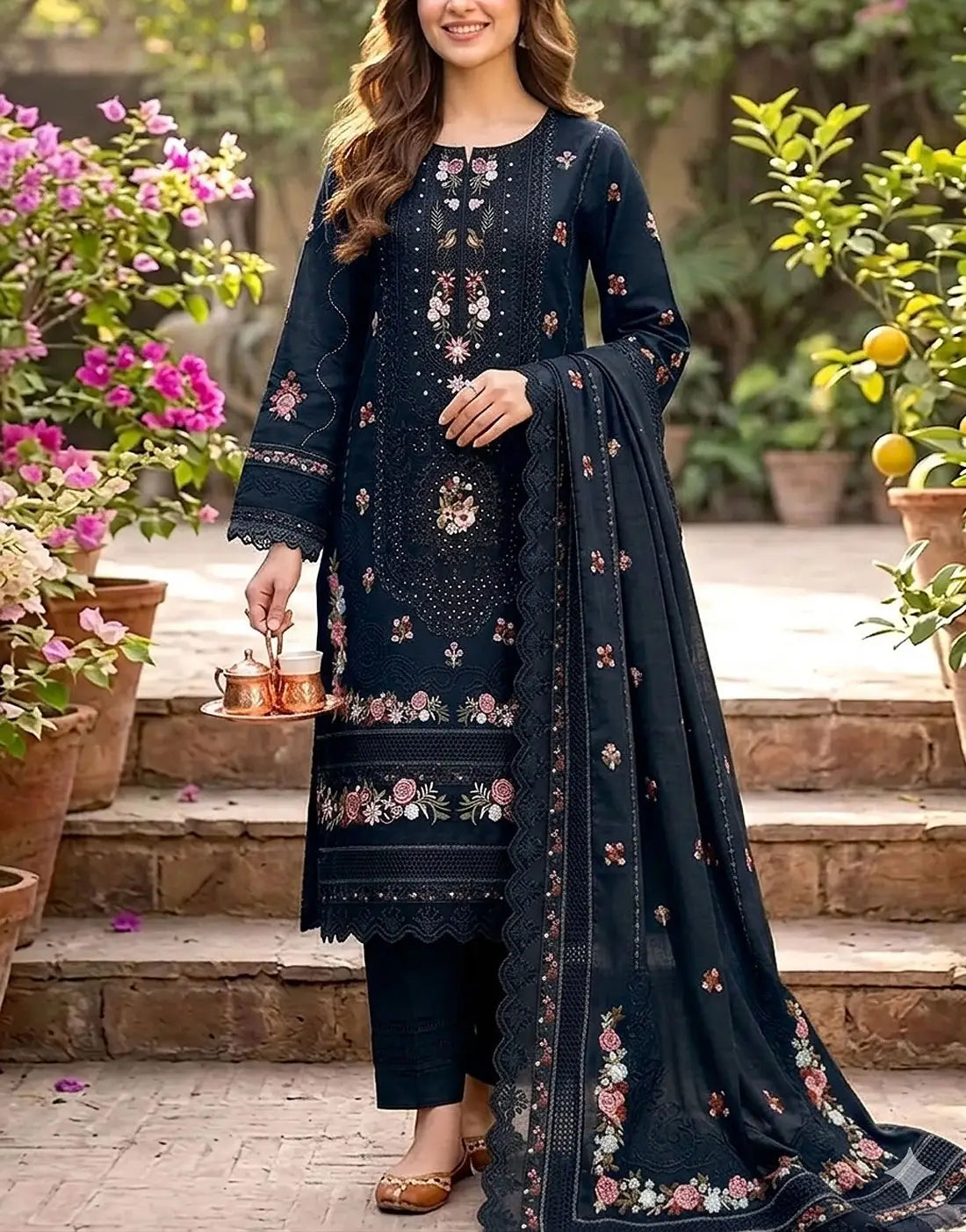 Heavy Schiffli Embroidered Cotton Party Dress with Emb. Chiffon Dupatta