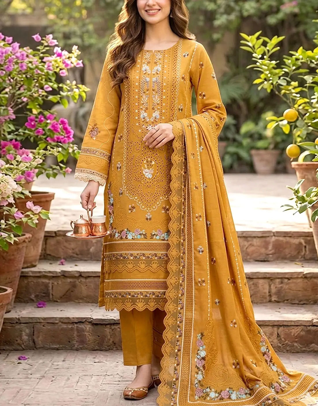 cotton dress with chiffon dupatta 3 Piece Embroidered Cotton Unstitched Dress With Chiffon Dupatta