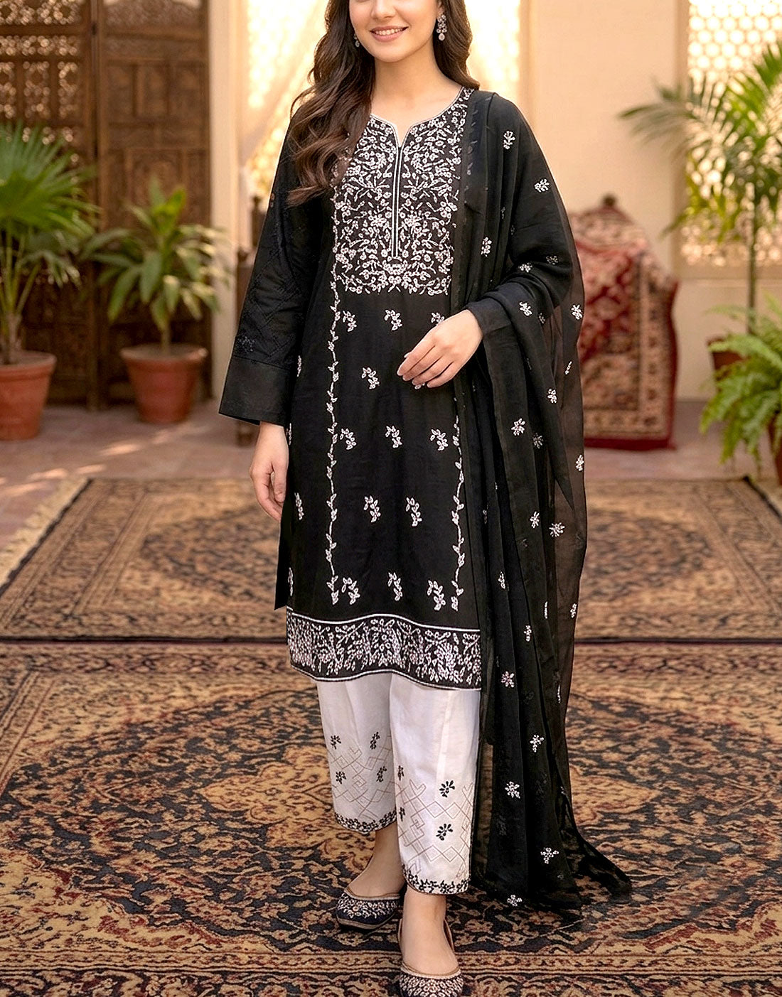 Heavy Embroidered Cotton Black Dress with Emb. Chiffon Dupatta