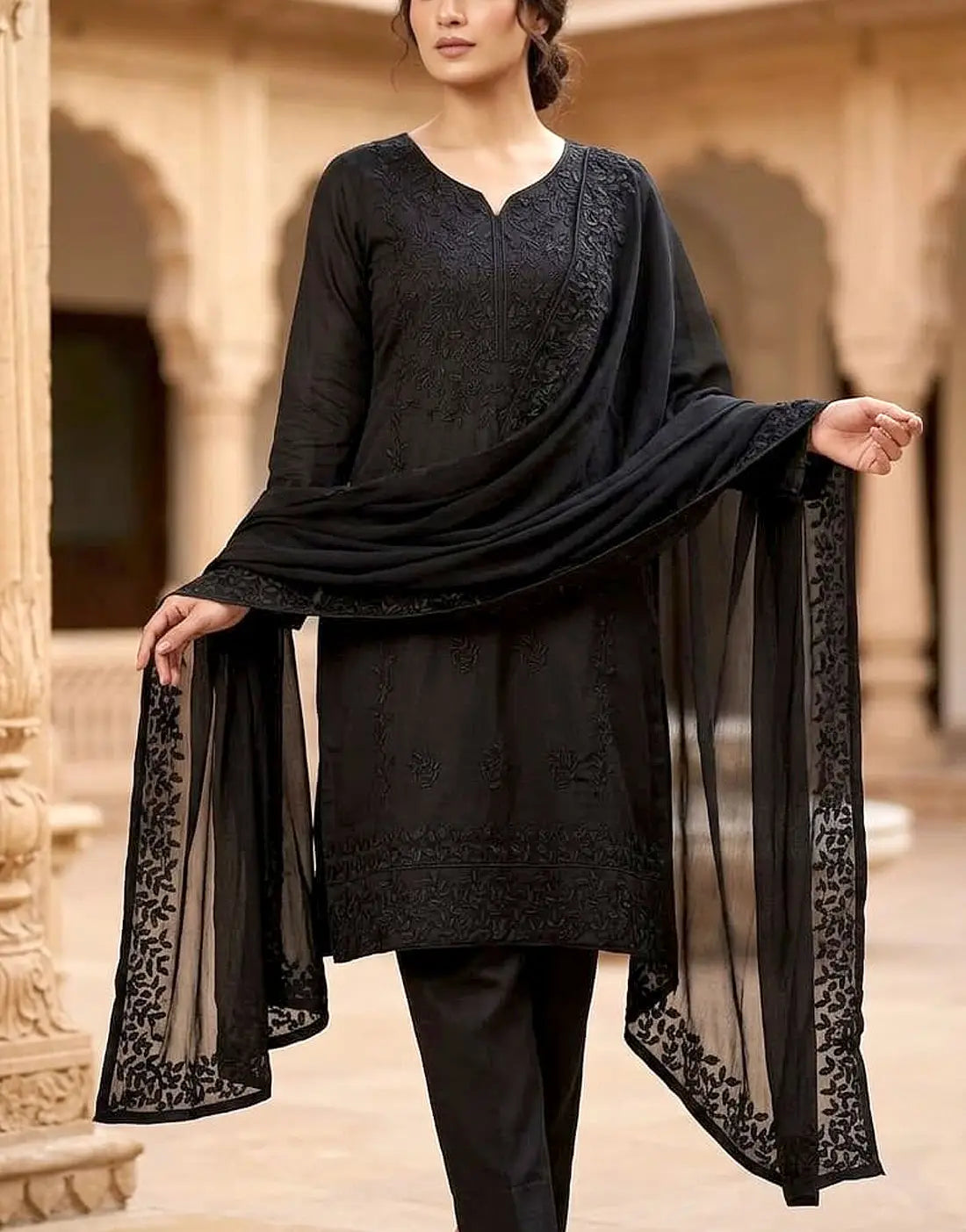 Heavy Embroidered Cotton Black Suit with Emb. Chiffon Dupatta