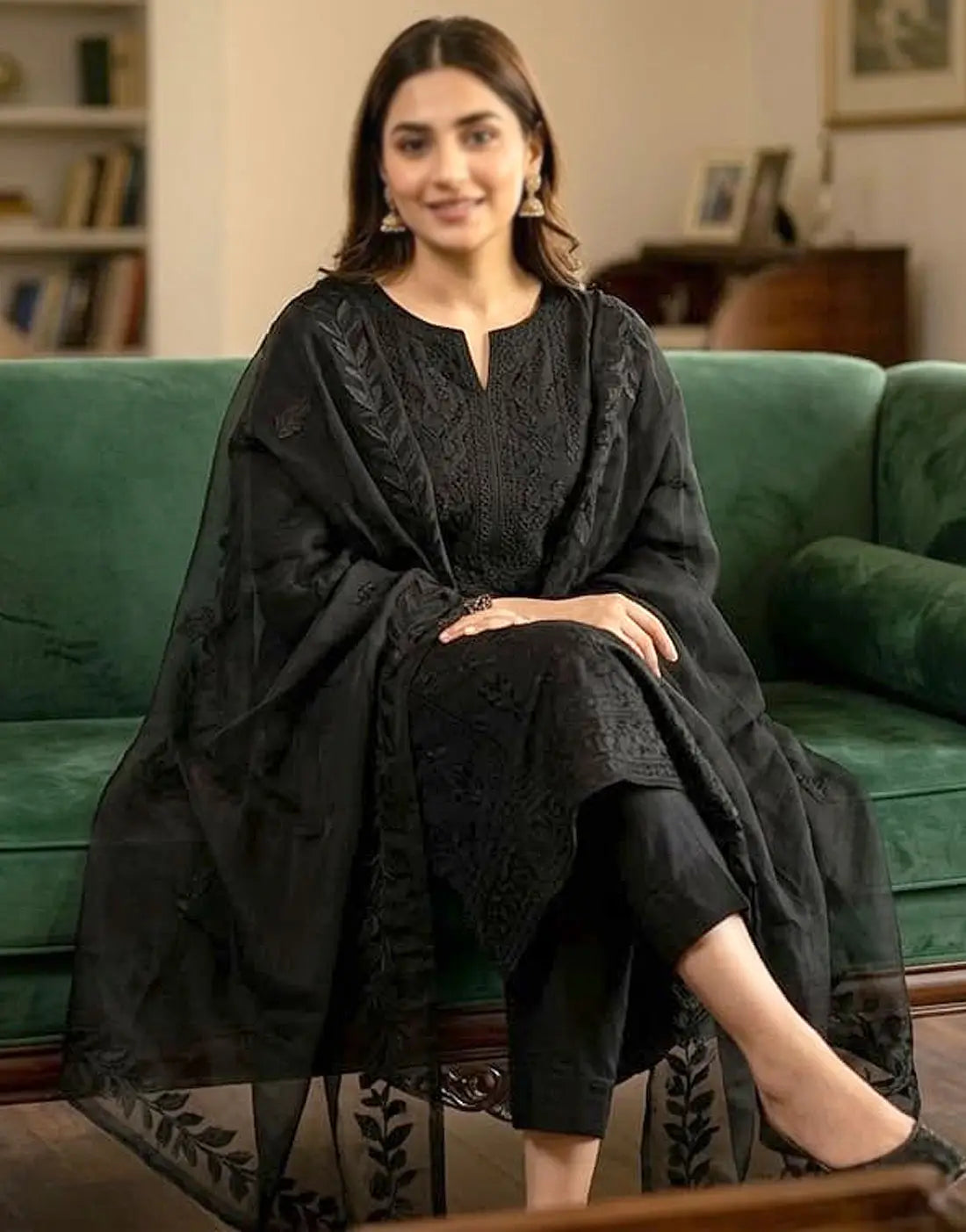 Heavy Embroidered Cotton Black Suit with Emb. Chiffon Dupatta
